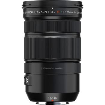 Fujifilm XF 18-120mm f/4 LM PZ WR lens front view showing zoom and focus control rings