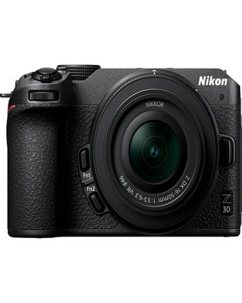 Front view of Nikon Z30 mirrorless camera with Nikkor Z DX 16-50mm VR kit lens attached