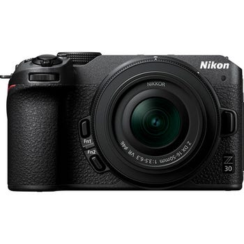 Front view of Nikon Z30 mirrorless camera with Nikkor Z DX 16-50mm VR kit lens attached