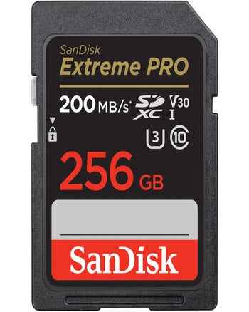 SanDisk 256GB Extreme PRO UHS-I SDXC memory card with 200MB/s speed rating, front label view