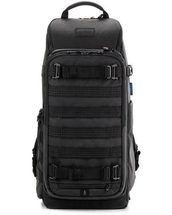 Tenba Axis V2 20L black backpack front view with reflective MOLLE webbing and tripod straps