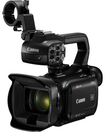 Canon XA60 4K camcorder with detachable XLR audio handle and 20x optical zoom lens, front three-quarter view