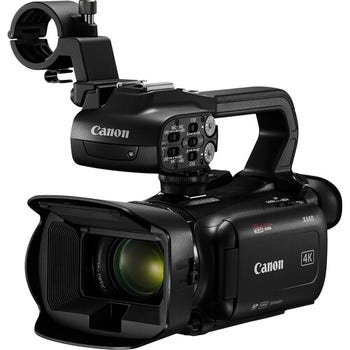 Canon XA60 4K camcorder with detachable XLR audio handle and 20x optical zoom lens, front three-quarter view