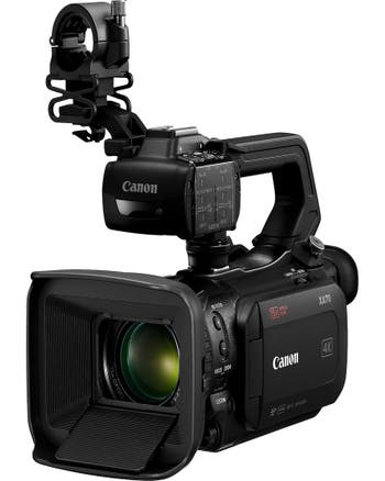 Canon XA70 4K professional camcorder with handle, audio unit and large hooded lens, front three-quarter view