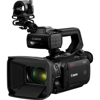 Canon XA70 4K professional camcorder with handle, audio unit and large hooded lens, front three-quarter view