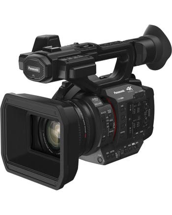Panasonic HC-X2GC 4K60 HDR professional video camera with large lens hood and top handle, front-right view