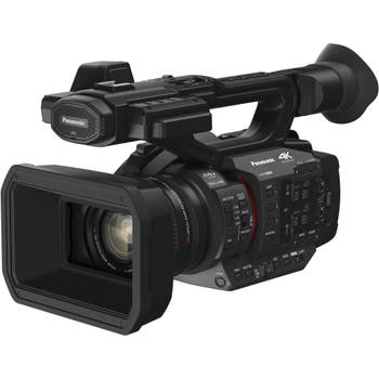 Panasonic HC-X2GC 4K60 HDR professional video camera with large lens hood and top handle, front-right view