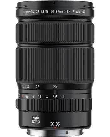 Fujifilm GF 20-35mm f/4 R WR wide-angle zoom mirrorless lens, front view on white background