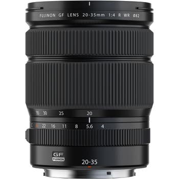 Fujifilm GF 20-35mm f/4 R WR wide-angle zoom mirrorless lens, front view on white background