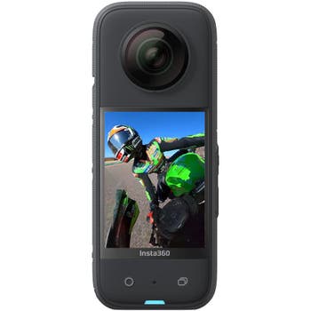 Insta360 X3 360° waterproof action camera front view with touchscreen showing a motorcyclist in action