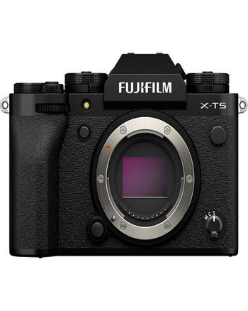 Fujifilm X-T5 black mirrorless camera body front view showing APS-C sensor and control dials