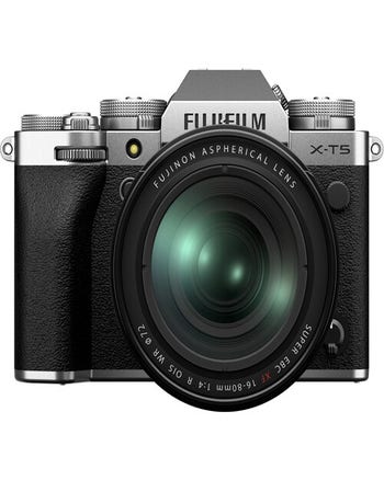 Front view of Fujifilm X-T5 silver mirrorless camera with XF 16-80mm f/4 R OIS WR zoom lens attached