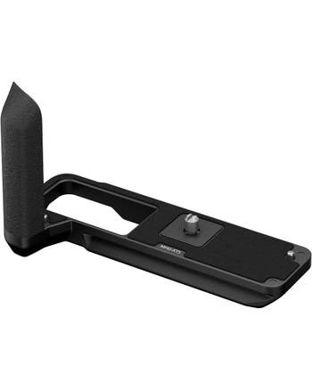 Fujifilm MHG-XT5 metal hand grip with Arca-Swiss style base plate, angled view on white background