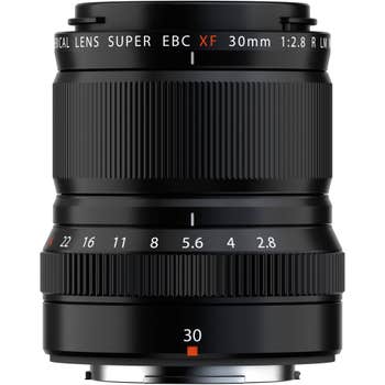 Fujifilm XF 30mm f/2.8 R Macro lens front view showing focus and aperture rings