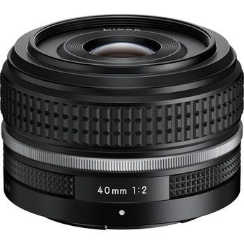 Nikon NIKKOR Z 40mm f/2 SE mirrorless lens, angled view showing retro-style focus ring