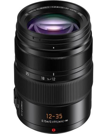 Panasonic Leica DG Vario-Elmarit 12-35mm f/2.8 ASPH Power OIS zoom lens, front angled view