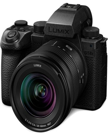 Panasonic Lumix S5 Mark II X mirrorless camera with Lumix S 20-60mm f3.5-5.6 lens, front angled view