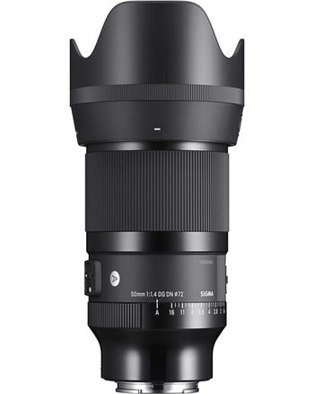 Sigma 50mm f/1.4 DG DN Art lens for Sony E-mount with lens hood, front view
