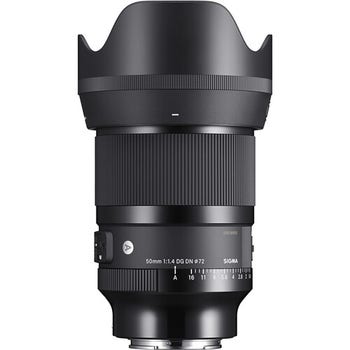 Sigma 50mm f/1.4 DG DN Art lens for Sony E-mount with lens hood, front view