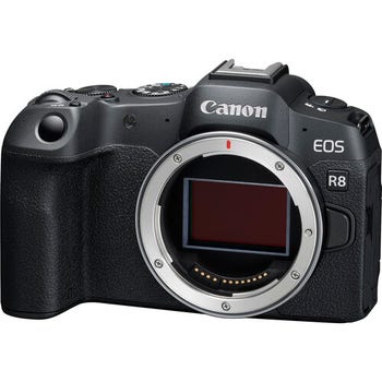 Front view of Canon EOS R8 mirrorless camera body showing full-frame sensor mount