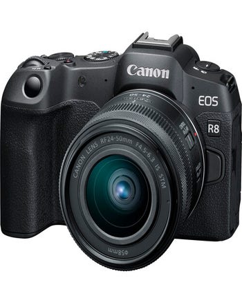 Front three-quarter view of Canon EOS R8 mirrorless camera with RF 24-50mm lens attached