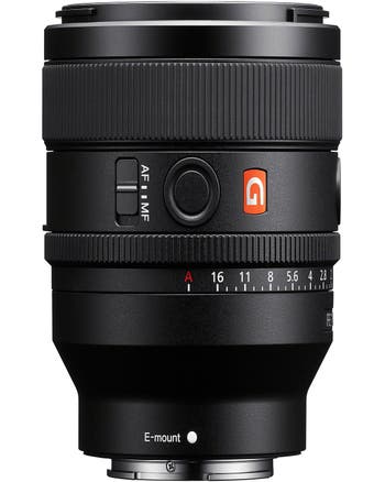 Close-up of Sony FE 50mm f/1.4 GM E-mount lens with aperture ring and AF/MF switch