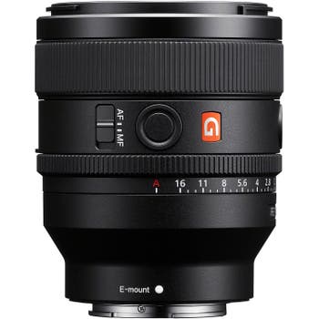 Close-up of Sony FE 50mm f/1.4 GM E-mount lens with aperture ring and AF/MF switch