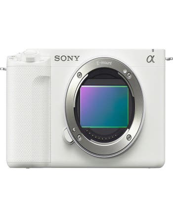 Front view of white Sony ZV-E1 full-frame mirrorless camera body showing exposed sensor and E-mount.