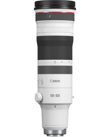 Canon RF 100-300mm f/2.8 L IS USM telephoto zoom lens, front view on white background