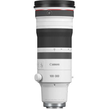 Canon RF 100-300mm f/2.8 L IS USM telephoto zoom lens, front view on white background