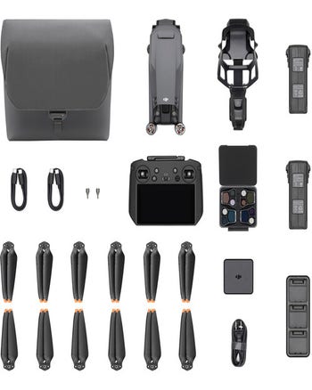 DJI Mavic 3 Pro Fly More Combo with DJI RC Pro, batteries, propellers, bag and accessories laid out