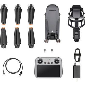 DJI Mavic 3 Pro Drone with DJI RC, propellers, cables and accessories laid out in a flat lay kit view