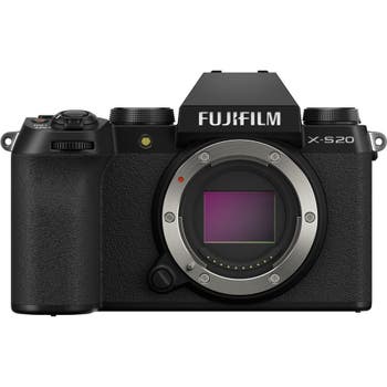 Front view of Fujifilm X-S20 mirrorless camera body showing exposed X-Trans CMOS 4 sensor mount