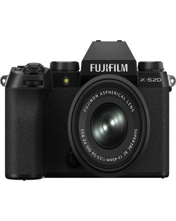 Front view of Fujifilm X-S20 mirrorless camera with XC 15-45mm lens attached