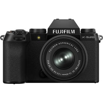 Front view of Fujifilm X-S20 mirrorless camera with XC 15-45mm lens attached