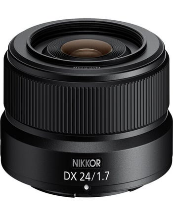 Nikon Nikkor Z DX 24mm f/1.7 Z-mount lens, front angled view showing compact design