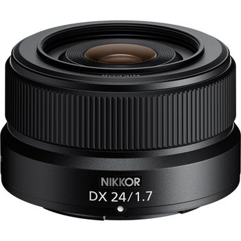 Nikon Nikkor Z DX 24mm f/1.7 Z-mount lens, front angled view showing compact design