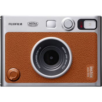 Front view of Fujifilm Instax Mini Evo hybrid instant camera in brown with retro silver trim