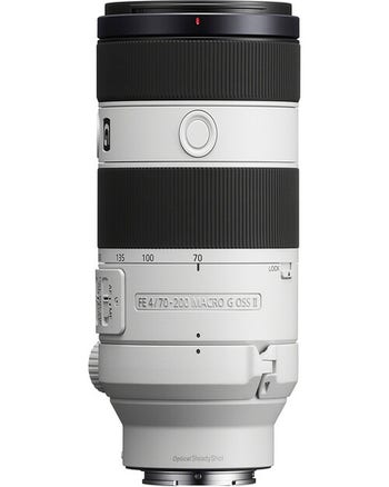 Sony FE 70-200mm f/4 G OSS Macro II lens, side view highlighting focus ring and control switches