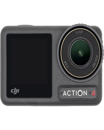 Front view of DJI Osmo Action 4 Standard Combo camera with lens and front screen
