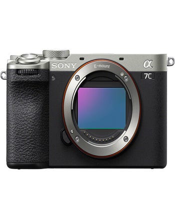 Front view of Sony A7C II silver mirrorless full frame camera body with exposed sensor