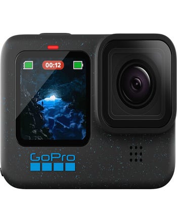 Front view of GoPro Hero 12 Black action camera with colour front screen and wide-angle lens