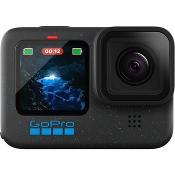 Front view of GoPro Hero 12 Black action camera with colour front screen and wide-angle lens