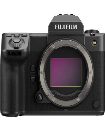 Fujifilm GFX100 II large format mirrorless camera body, front view showing 102MP sensor and grip.