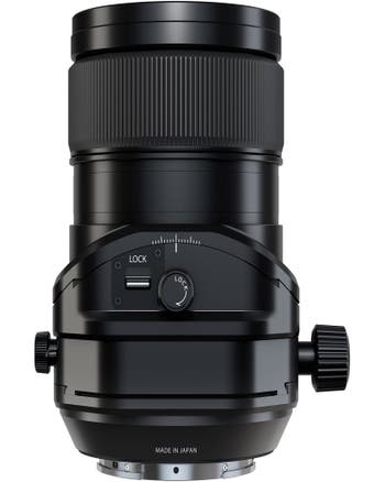 Front view of Fujifilm Fujinon GF 30mm f/5.6 tilt shift lens showing lock controls and adjustment knobs