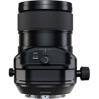 Front view of Fujifilm Fujinon GF 30mm f/5.6 tilt shift lens showing lock controls and adjustment knobs