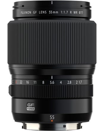 Fujifilm Fujinon GF 55mm f/1.7 R WR medium format lens, front view on white background