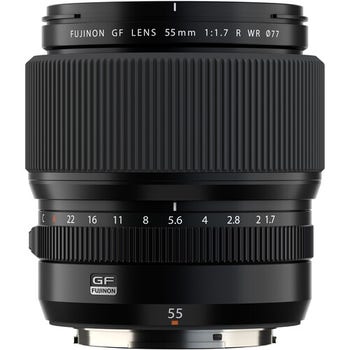 Fujifilm Fujinon GF 55mm f/1.7 R WR medium format lens, front view on white background