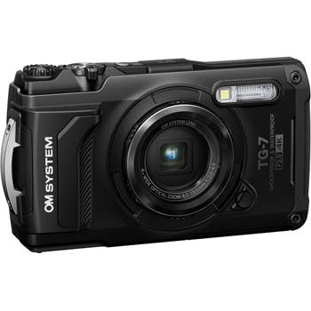 OM System TG-7 black digital camera front view showing lens, flash and rugged waterproof body