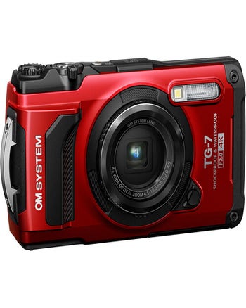 OM System TG-7 red rugged digital camera with 4x zoom lens and shockproof, waterproof body